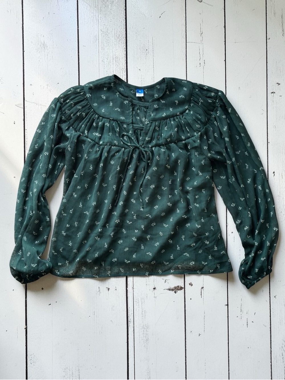 Old Navy Forest Green Boho Blouse XS Sheer Floral Peasant Tie Neck Long Sleeve